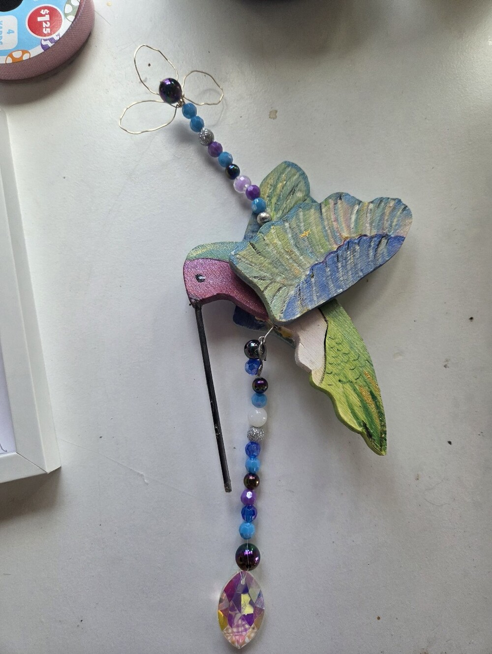Hand-made and Painted Hummingbird Hanging Sun Catcher Pink, Green & Blue